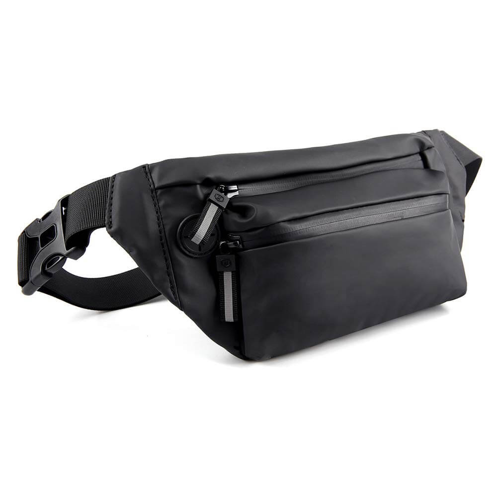 An adjustable pure black large waist bag shown with white background
