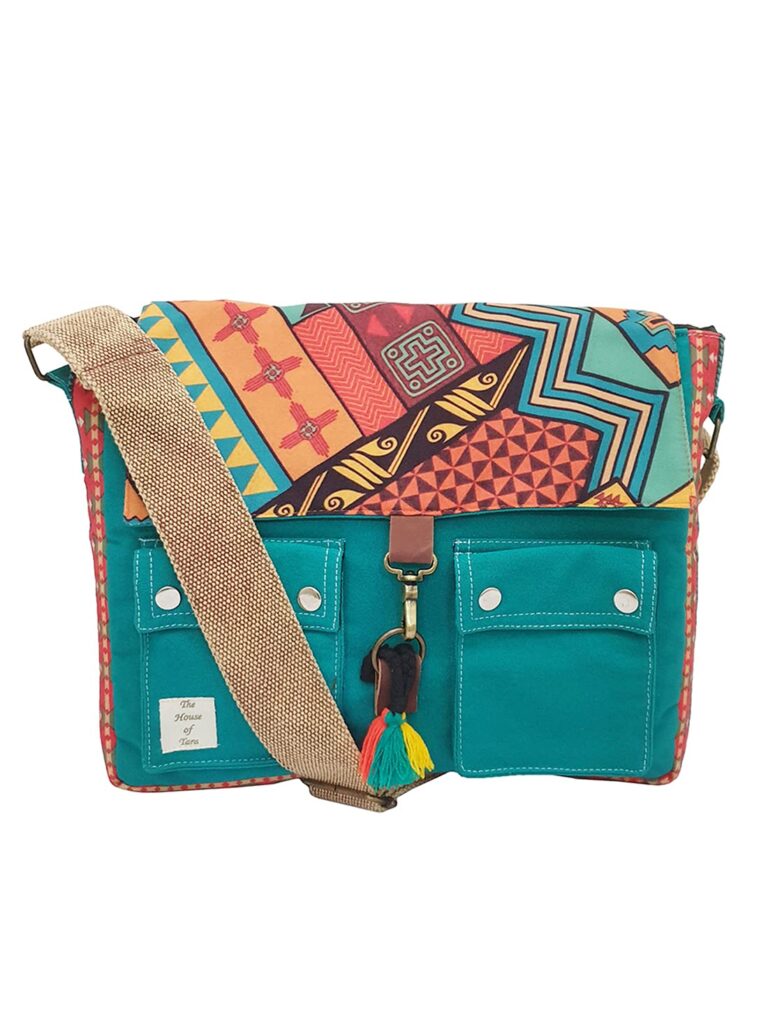 Green Cotton Canvas Laptop Compatible Printed Messenger Sling Crossbody Bag for Women