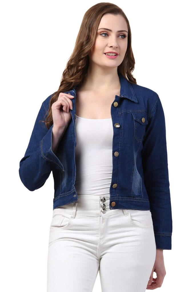 A woman wearing blue Denim Jacket with white jeans
